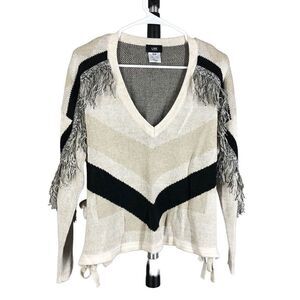 LINE THE‎ LABEL 100% Wool Fringe Chevron Side Slit Tie V-Neck Knit Sweater Sz S